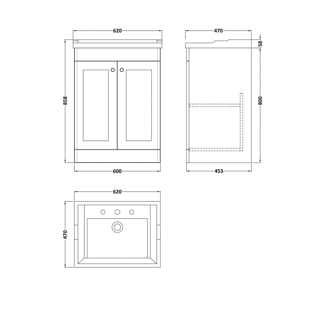 Nuie Classique 600mm Floor Standing 2 Door Vanity & Basin 3th Traditional Satin White MFC Painted Matt 858x620x470mm - JJ Building Materials