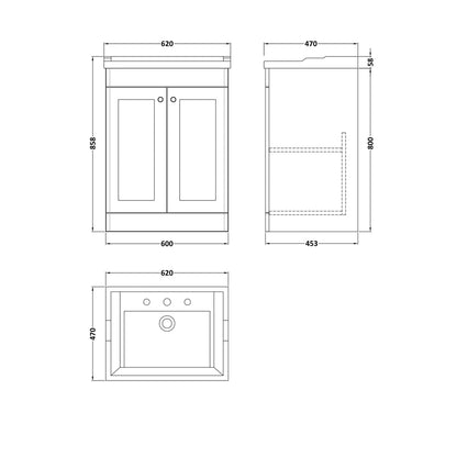 Nuie Classique 600mm Floor Standing 2 Door Vanity & Basin 3th Traditional Satin White MFC Painted Matt 858x620x470mm - JJ Building Materials