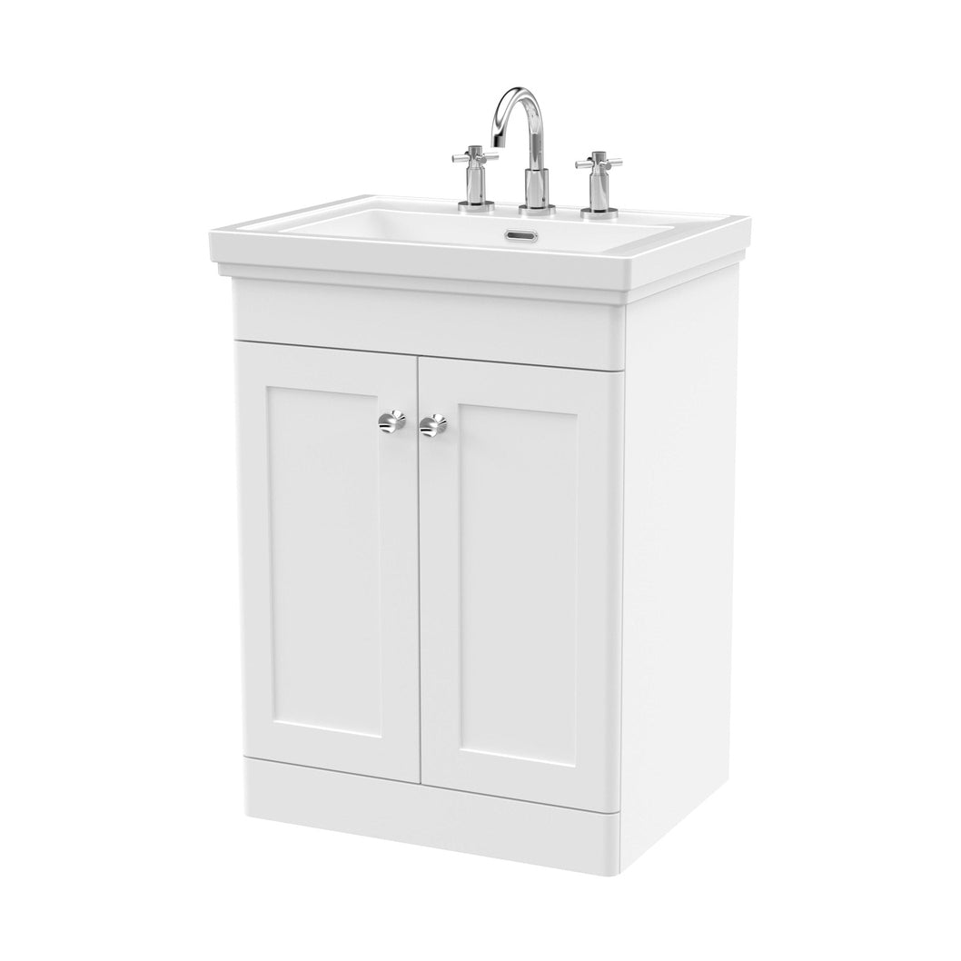 Nuie Classique 600mm Floor Standing 2-door Vanity & Basin 3th Traditional Satin White MFC Painted Matt 865x630x471mm - JJ Building Materials