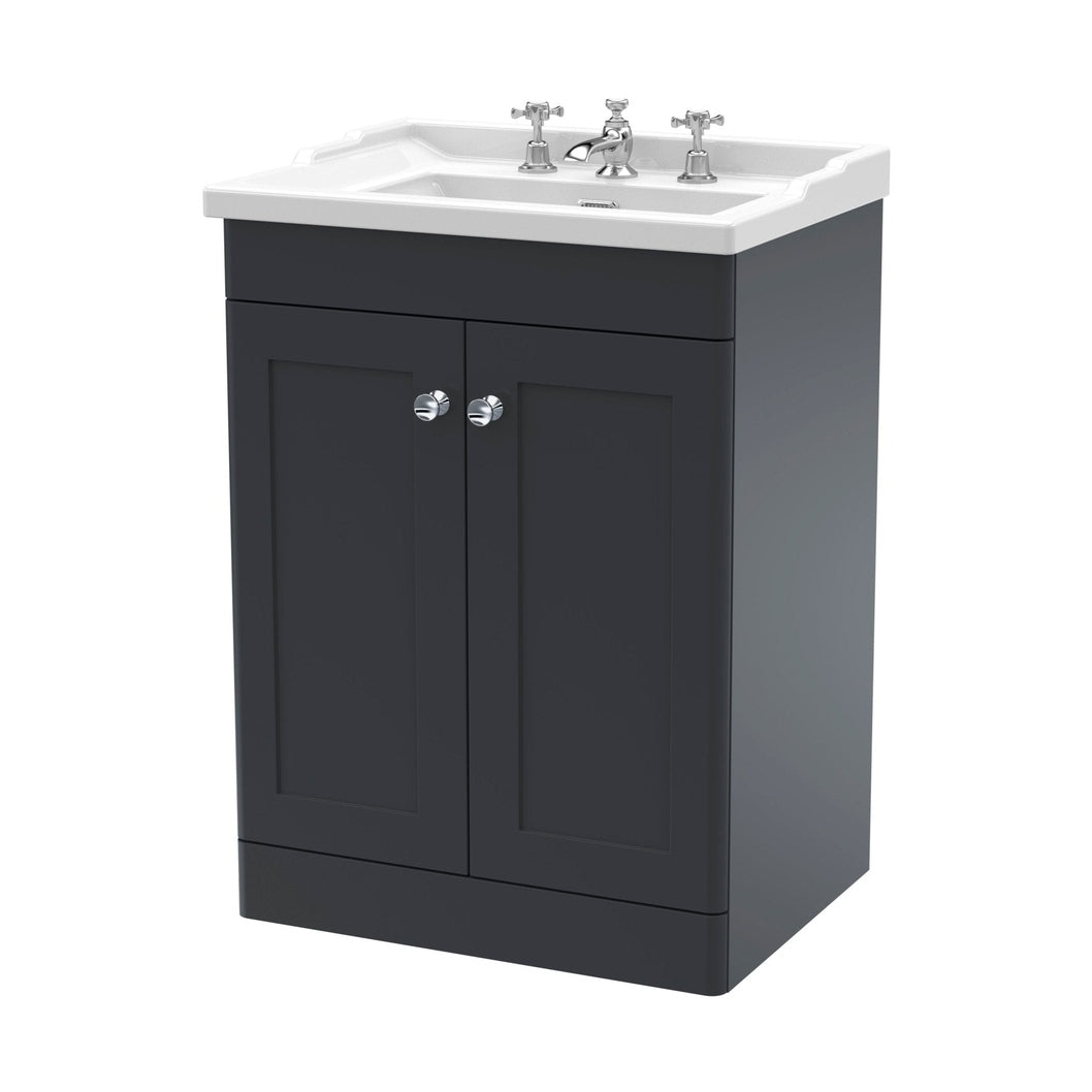 Nuie Classique 600mm Floor Standing 2 Door Vanity & Basin 3th Traditional Soft Black MFC Painted Matt 858x620x470mm - JJ Building Materials