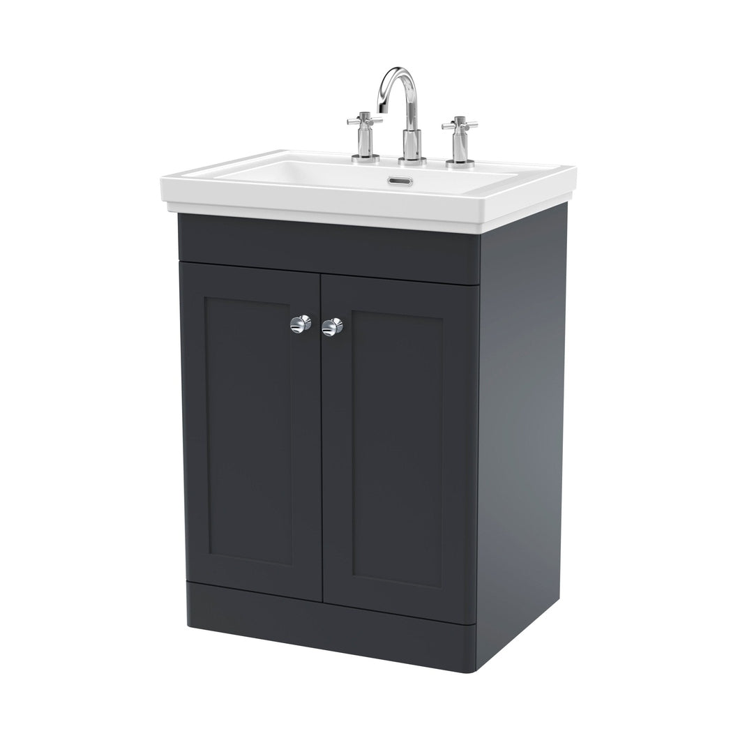 Nuie Classique 600mm Floor Standing 2-door Vanity & Basin 3th Traditional Soft Black MFC Painted Matt 865x630x471mm - JJ Building Materials