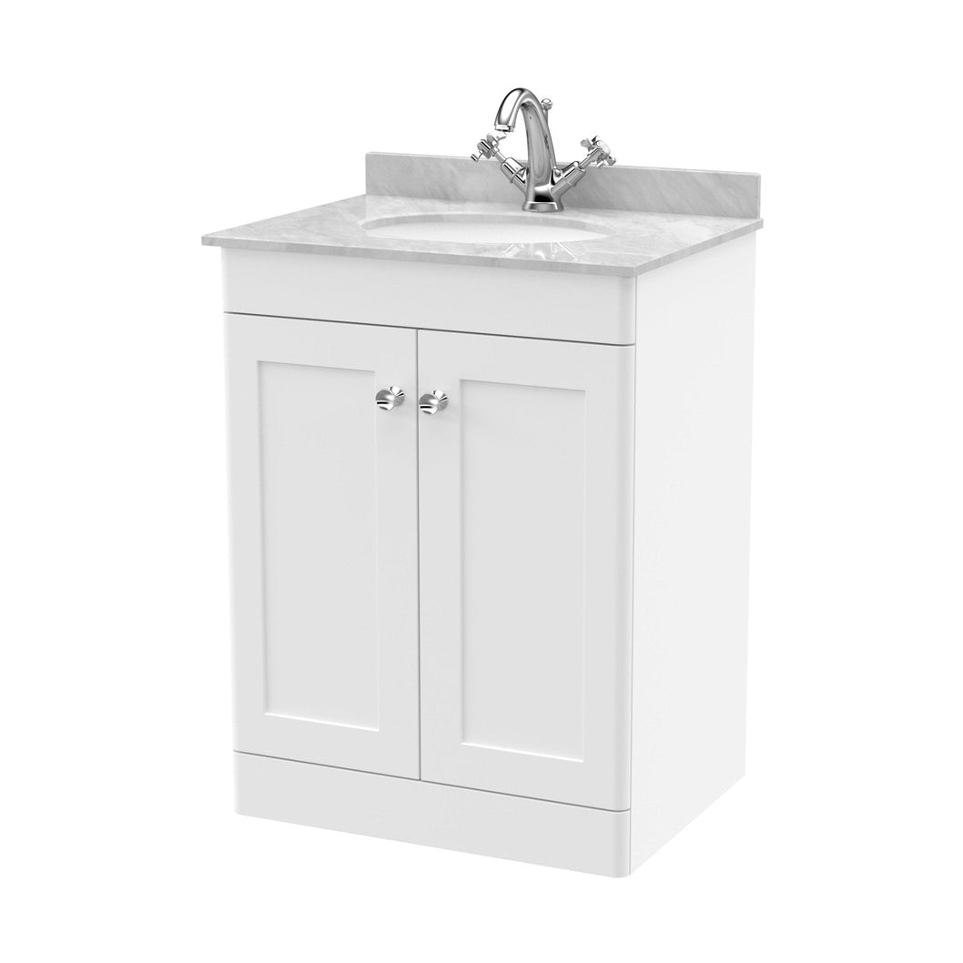 Nuie Classique 600mm Floor Standing 2 Door Vanity & Marble Top 1th Traditional Satin White MFC Painted Matt 814x620x463mm - CLC125GR1 - JJ Building Materials