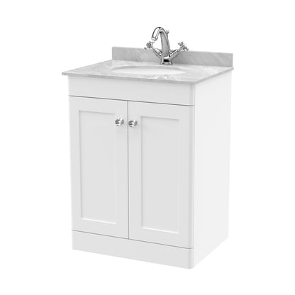 Nuie Classique 600mm Floor Standing 2 Door Vanity & Marble Top 1th Traditional Satin White MFC Painted Matt 814x620x463mm - CLC125GR1 - JJ Building Materials