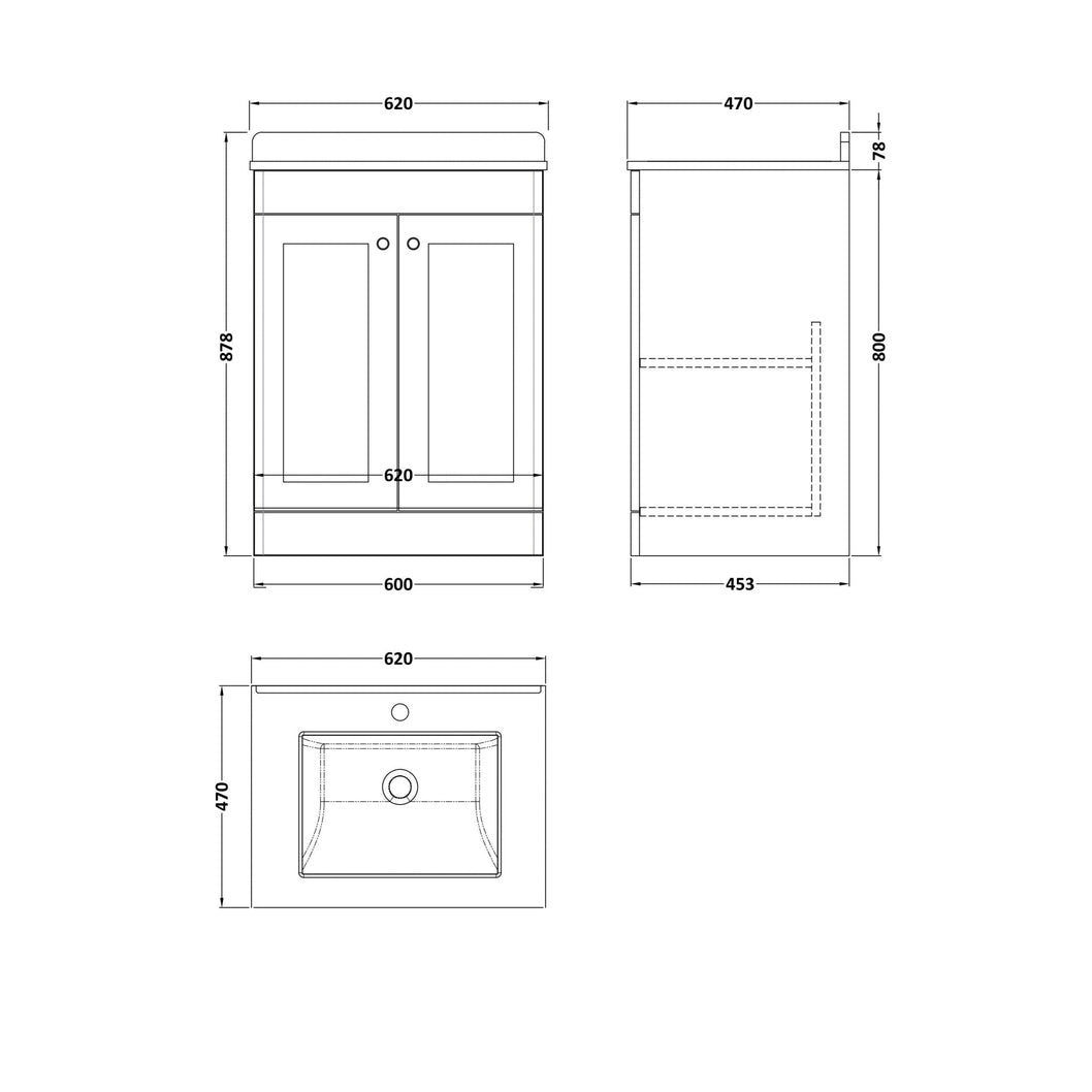 Nuie Classique 600mm Floor Standing 2 Door Vanity & Marble Top 1th Traditional Satin White MFC Painted Matt 814x620x463mm - CLC125WS1 - JJ Building Materials