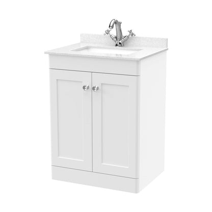 Nuie Classique 600mm Floor Standing 2 Door Vanity & Marble Top 1th Traditional Satin White MFC Painted Matt 814x620x463mm - CLC125WS1 - JJ Building Materials