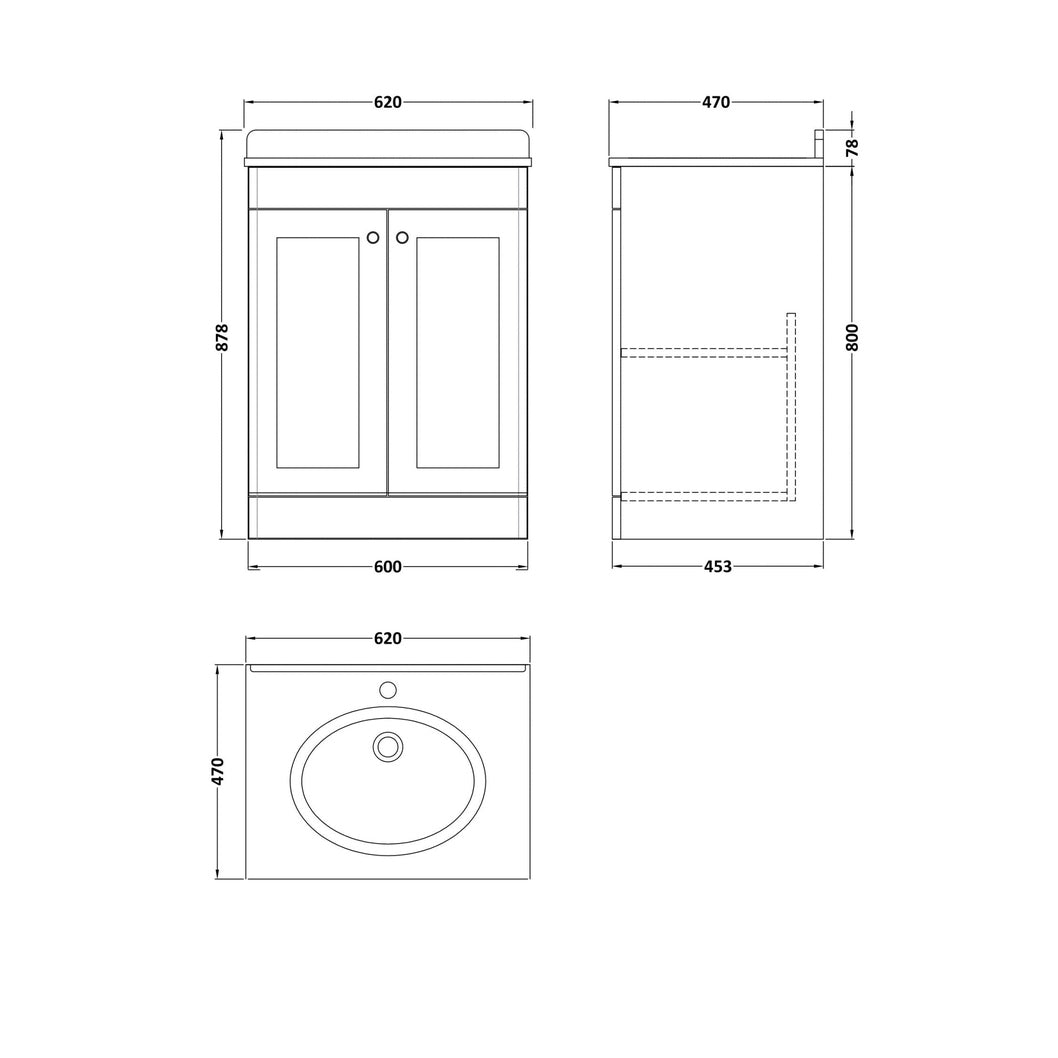 Nuie Classique 600mm Floor Standing 2 Door Vanity & Marble Top 1th Traditional Soft Black MFC Painted Matt 814x620x463mm - CLC1425BR1 - JJ Building Materials