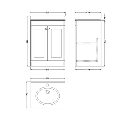 Nuie Classique 600mm Floor Standing 2 Door Vanity & Marble Top 1th Traditional Soft Black MFC Painted Matt 814x620x463mm - CLC1425BR1 - JJ Building Materials