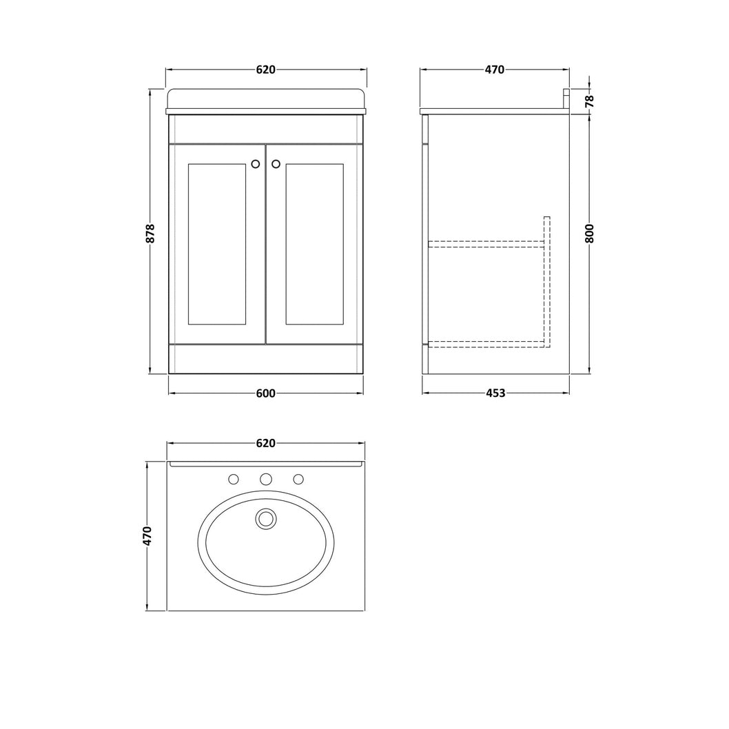 Nuie Classique 600mm Floor Standing 2 Door Vanity & Marble Top 3th Traditional Satin Green MFC Painted Matt 814x620x463mm - CLC825GR3 - JJ Building Materials