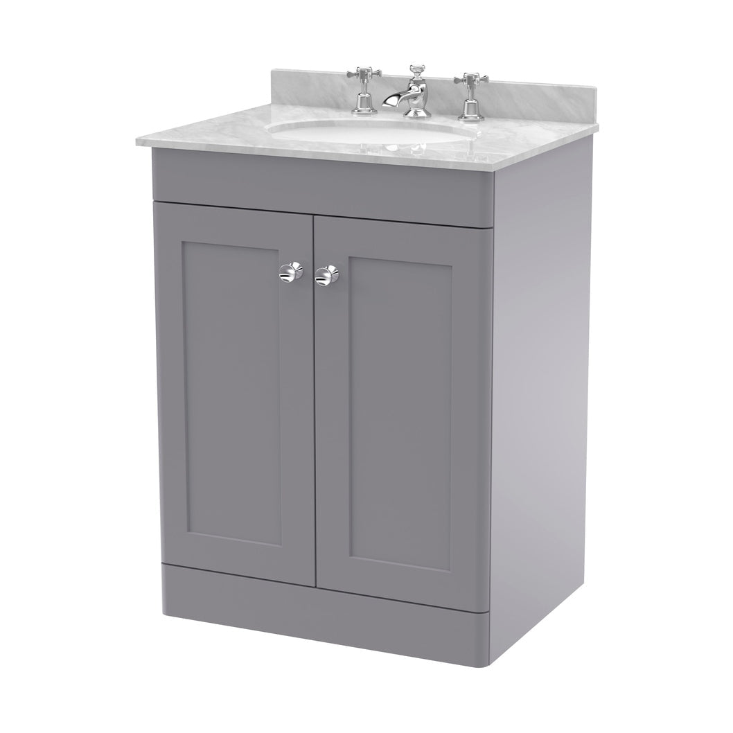 Nuie Classique 600mm Floor Standing 2 Door Vanity & Marble Top 3th Traditional Satin Grey MFC Painted Matt 814x620x463mm - CLC225GR3 - JJ Building Materials