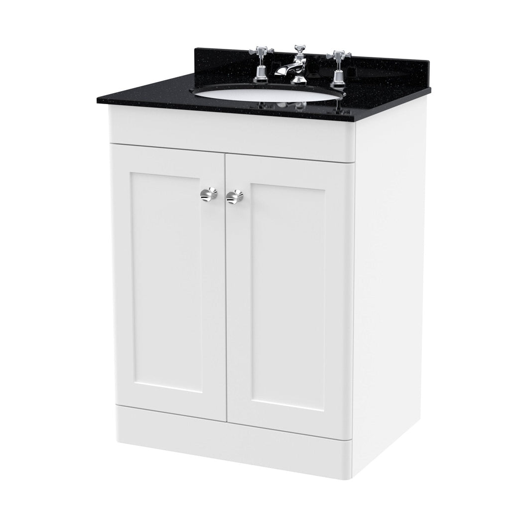 Nuie Classique 600mm Floor Standing 2 Door Vanity & Marble Top 3th Traditional Satin White MFC Painted Matt 814x620x463mm - CLC125BR3 - JJ Building Materials