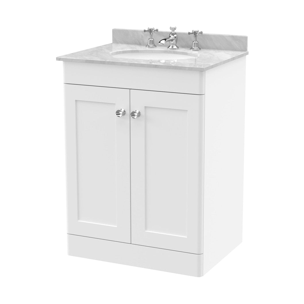 Nuie Classique 600mm Floor Standing 2 Door Vanity & Marble Top 3th Traditional Satin White MFC Painted Matt 814x620x463mm - CLC125GR3 - JJ Building Materials