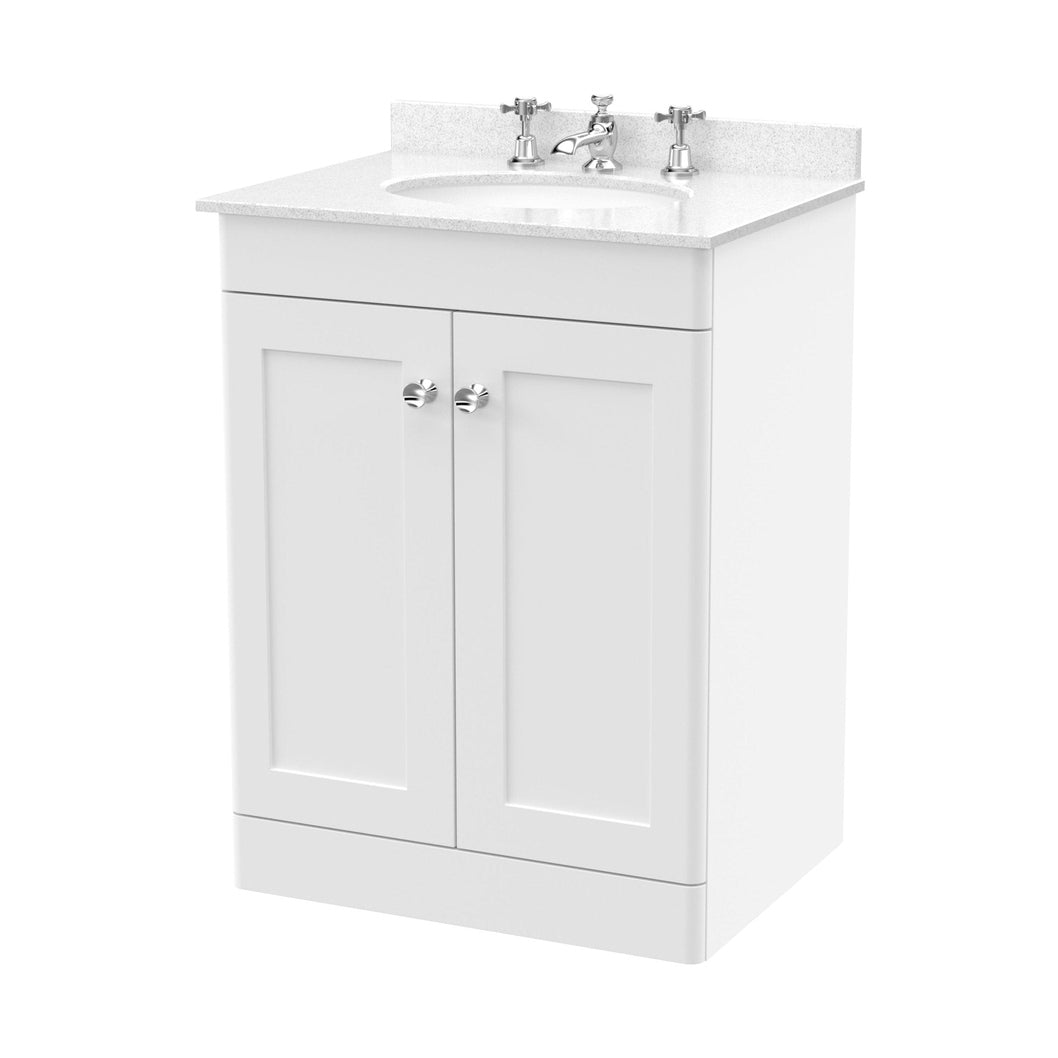 Nuie Classique 600mm Floor Standing 2 Door Vanity & Marble Top 3th Traditional Satin White MFC Painted Matt 814x620x463mm - CLC125WR3 - JJ Building Materials