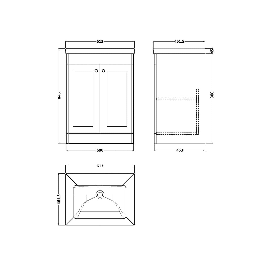 Nuie Classique 600mm Floor Standing 2-door Vanity With Basin - 0 Tap Hole Traditional Satin Green Fireclay 845x613x462mm - JJ Building Materials