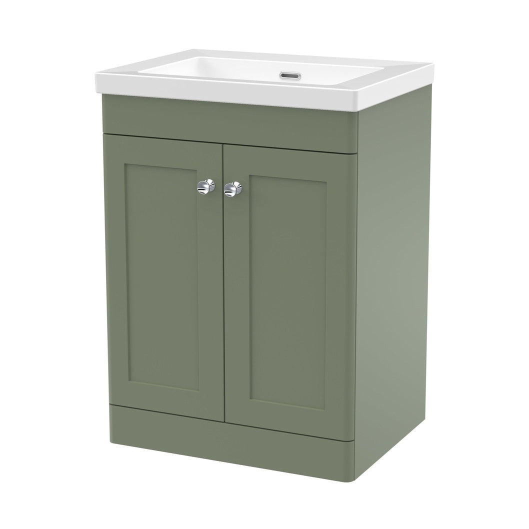 Nuie Classique 600mm Floor Standing 2-door Vanity With Basin - 0 Tap Hole Traditional Satin Green Fireclay 845x613x462mm - JJ Building Materials