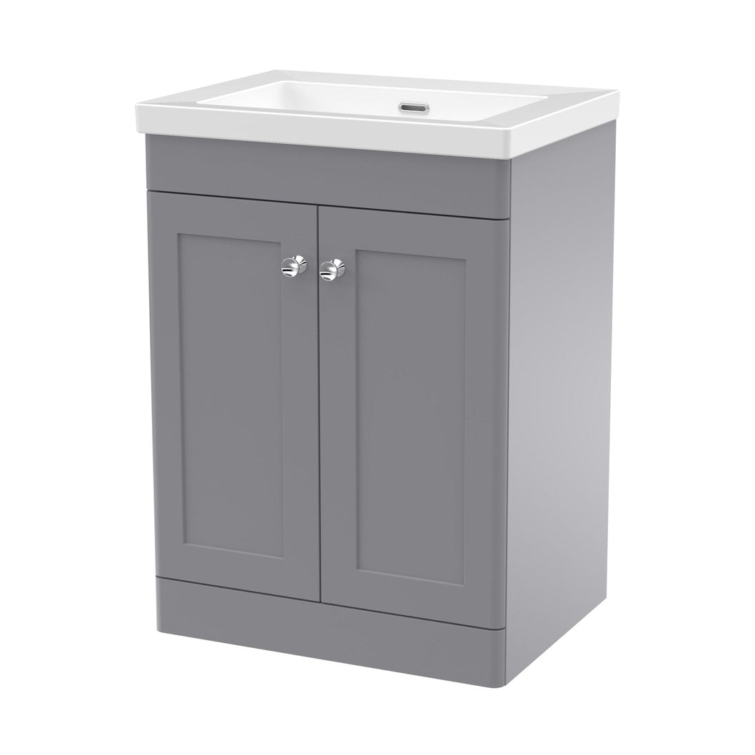 Nuie Classique 600mm Floor Standing 2-door Vanity With Basin - 0 Tap Hole Traditional Satin Grey Fireclay 845x613x462mm - JJ Building Materials