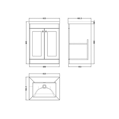 Nuie Classique 600mm Floor Standing 2-door Vanity With Basin - 0 Tap Hole Traditional Satin Grey Fireclay 845x613x462mm - JJ Building Materials