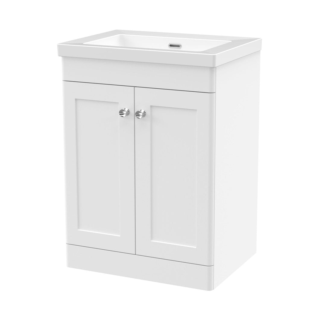 Nuie Classique 600mm Floor Standing 2-door Vanity With Basin - 0 Tap Hole Traditional Satin White Fireclay 845x613x462mm - JJ Building Materials