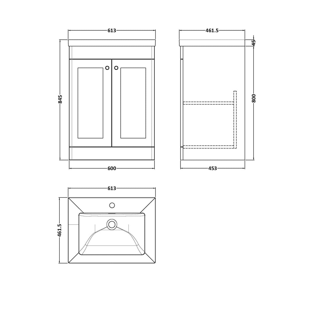 Nuie Classique 600mm Floor Standing 2-door Vanity With Basin - 1 Tap Hole Traditional Satin Green Fireclay 845x613x462mm - JJ Building Materials