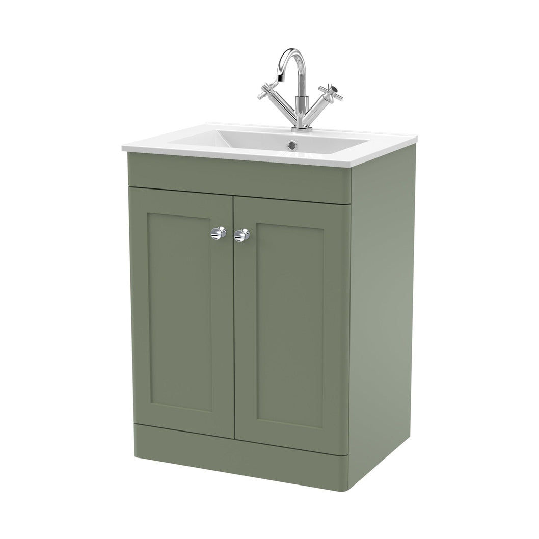 Nuie Classique 600mm Floor Standing 2-door Vanity With Basin - 1 Tap Hole Traditional Satin Green Vitreous China 818x605x460mm - JJ Building Materials