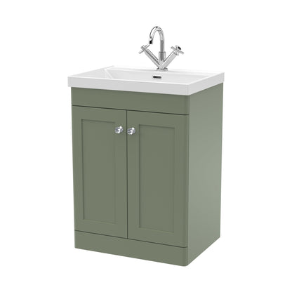 Nuie Classique 600mm Floor Standing 2-door Vanity With Basin - 1 Tap Hole Traditional Satin Green Vitreous China 850x610x460mm - JJ Building Materials