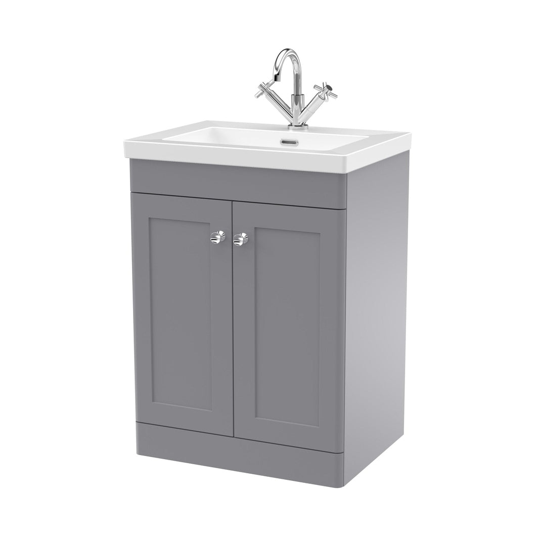 Nuie Classique 600mm Floor Standing 2-door Vanity With Basin - 1 Tap Hole Traditional Satin Grey Fireclay 845x613x462mm - JJ Building Materials