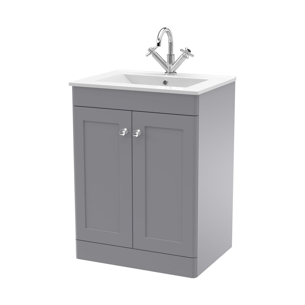 Nuie Classique 600mm Floor Standing 2-door Vanity With Basin - 1 Tap Hole Traditional Satin Grey Vitreous China 818x605x460mm - JJ Building Materials