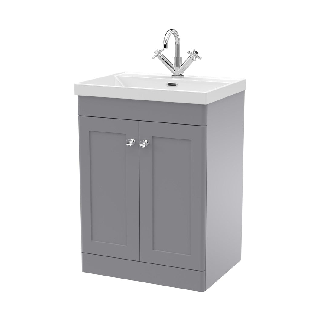 Nuie Classique 600mm Floor Standing 2-door Vanity With Basin - 1 Tap Hole Traditional Satin Grey Vitreous China 850x610x460mm - JJ Building Materials