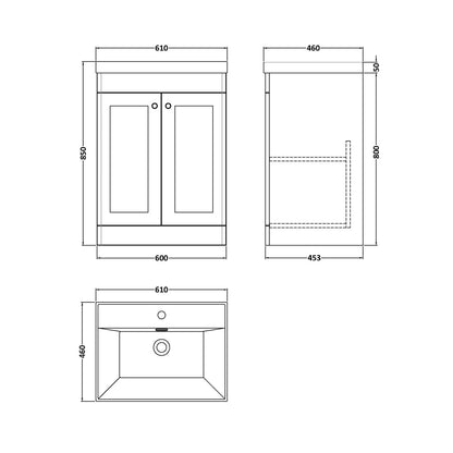 Nuie Classique 600mm Floor Standing 2-door Vanity With Basin - 1 Tap Hole Traditional Satin Grey Vitreous China 850x610x460mm - JJ Building Materials