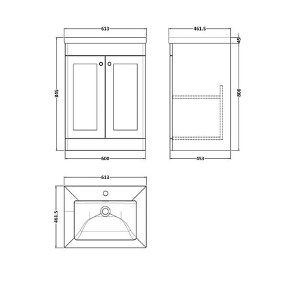 Nuie Classique 600mm Floor Standing 2-door Vanity With Basin - 1 Tap Hole Traditional Satin White Fireclay 845x613x462mm - JJ Building Materials