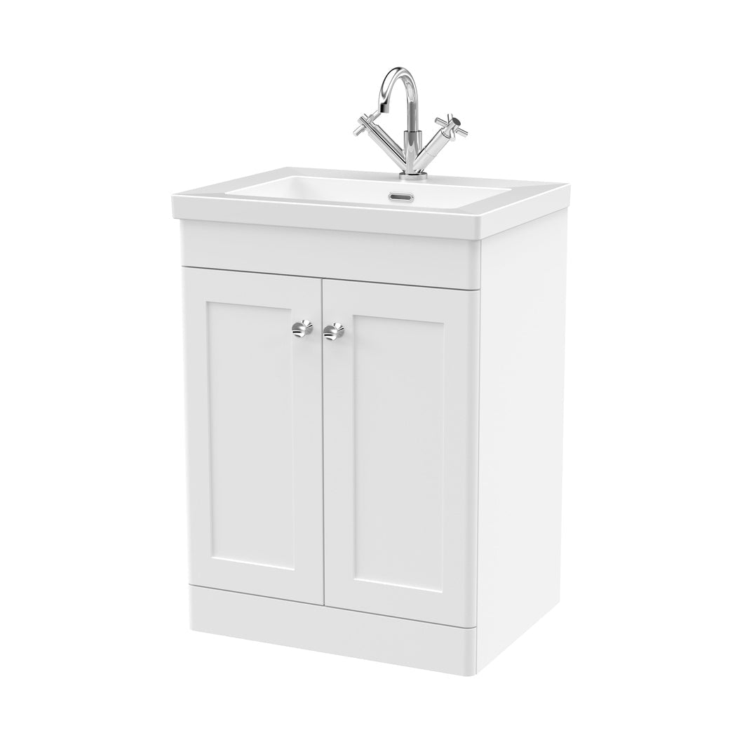 Nuie Classique 600mm Floor Standing 2-door Vanity With Basin - 1 Tap Hole Traditional Satin White Fireclay 845x613x462mm - JJ Building Materials