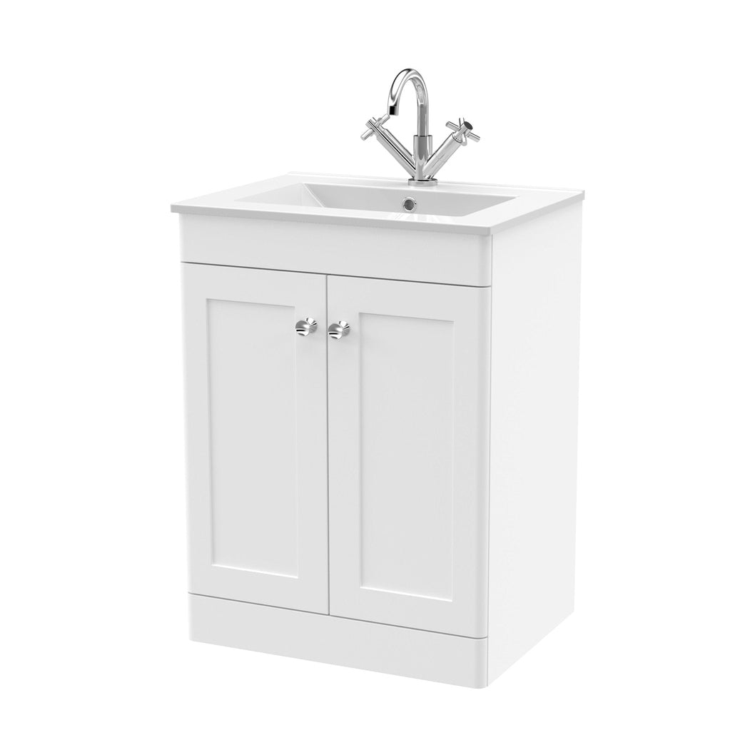 Nuie Classique 600mm Floor Standing 2-door Vanity With Basin - 1 Tap Hole Traditional Satin White Vitreous China 818x605x460mm - JJ Building Materials