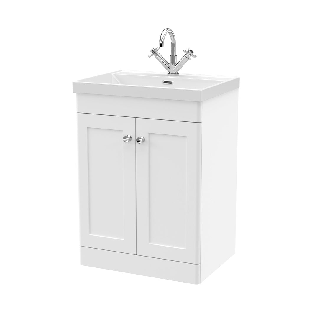 Nuie Classique 600mm Floor Standing 2-door Vanity With Basin - 1 Tap Hole Traditional Satin White Vitreous China 850x610x460mm - JJ Building Materials