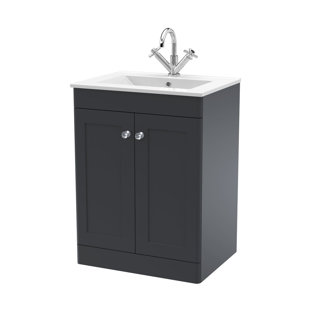 Nuie Classique 600mm Floor Standing 2-door Vanity With Basin - 1 Tap Hole Traditional Soft Black Vitreous China 818x605x460mm - JJ Building Materials