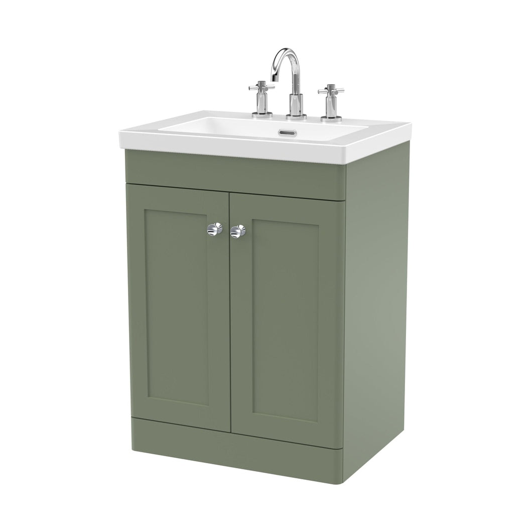 Nuie Classique 600mm Floor Standing 2-door Vanity With Basin - 3 Tap Hole Traditional Satin Green Fireclay 845x613x462mm - JJ Building Materials