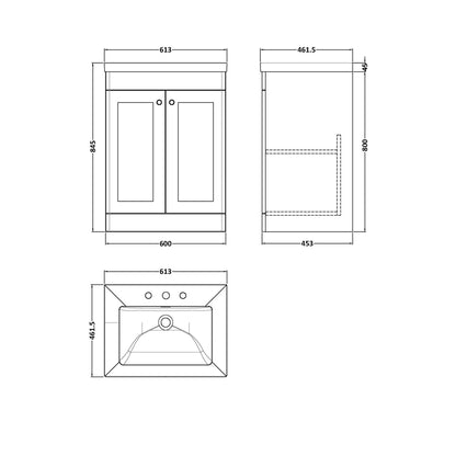 Nuie Classique 600mm Floor Standing 2-door Vanity With Basin - 3 Tap Hole Traditional Satin Green Fireclay 845x613x462mm - JJ Building Materials