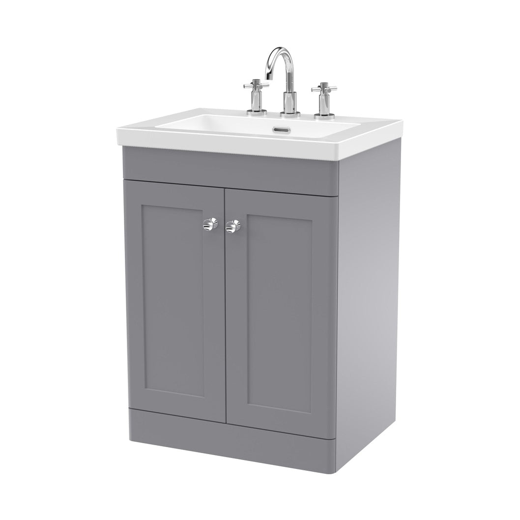 Nuie Classique 600mm Floor Standing 2-door Vanity With Basin - 3 Tap Hole Traditional Satin Grey Fireclay 845x613x462mm - JJ Building Materials
