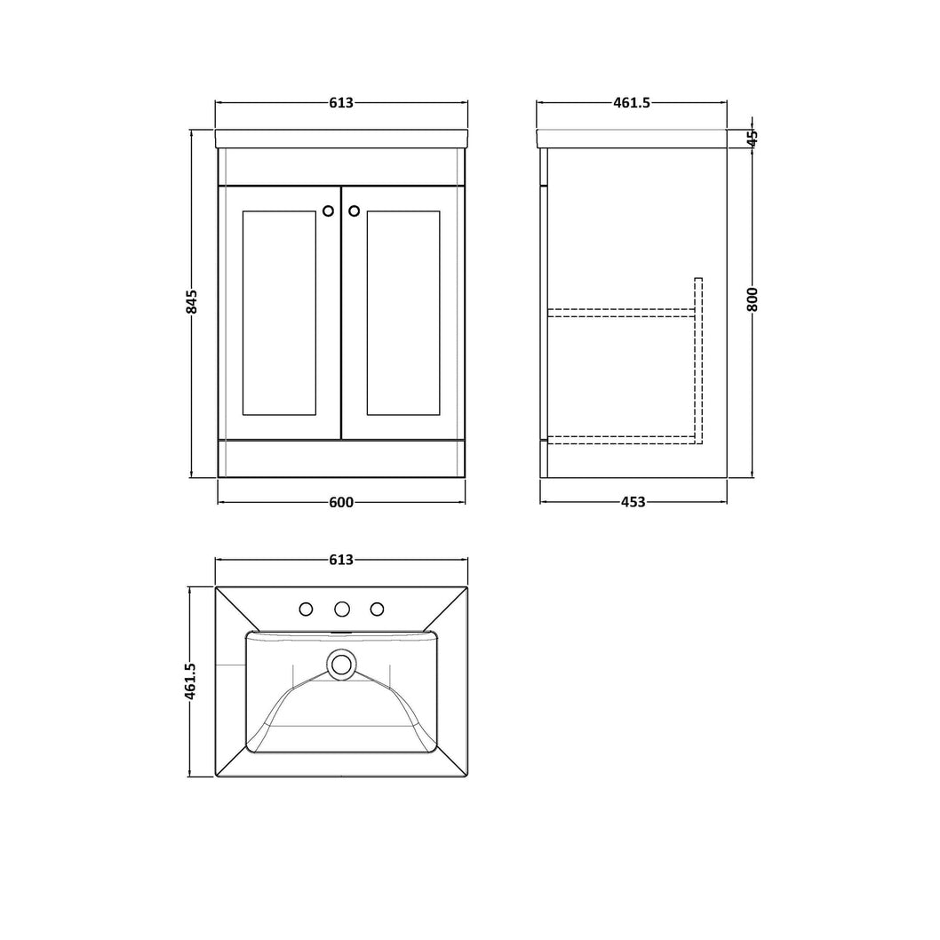 Nuie Classique 600mm Floor Standing 2-door Vanity With Basin - 3 Tap Hole Traditional Satin White Fireclay 845x613x462mm - JJ Building Materials