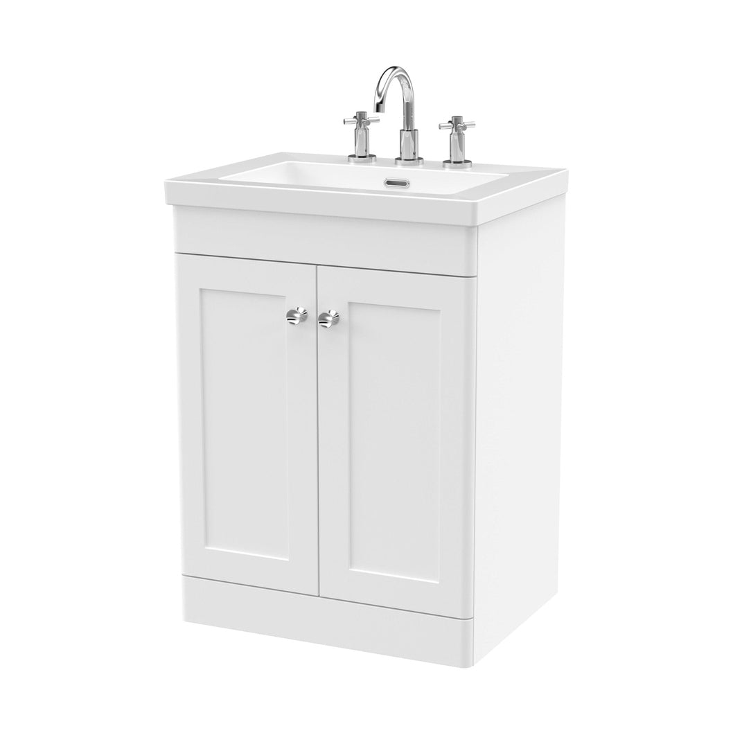 Nuie Classique 600mm Floor Standing 2-door Vanity With Basin - 3 Tap Hole Traditional Satin White Fireclay 845x613x462mm - JJ Building Materials