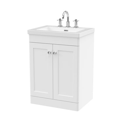 Nuie Classique 600mm Floor Standing 2-door Vanity With Basin - 3 Tap Hole Traditional Satin White Fireclay 845x613x462mm - JJ Building Materials