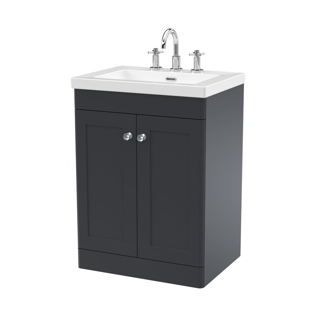 Nuie Classique 600mm Floor Standing 2-door Vanity With Basin - 3 Tap Hole Traditional Soft Black Fireclay 845x613x462mm - JJ Building Materials