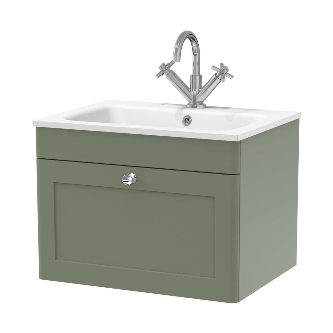 Nuie Classique 600mm Wall Hung 1-drawer Unit & Stone Basin 1th Traditional Satin Green MFC Painted Matt,stone 447x610x460mm - CLC894P - JJ Building Materials