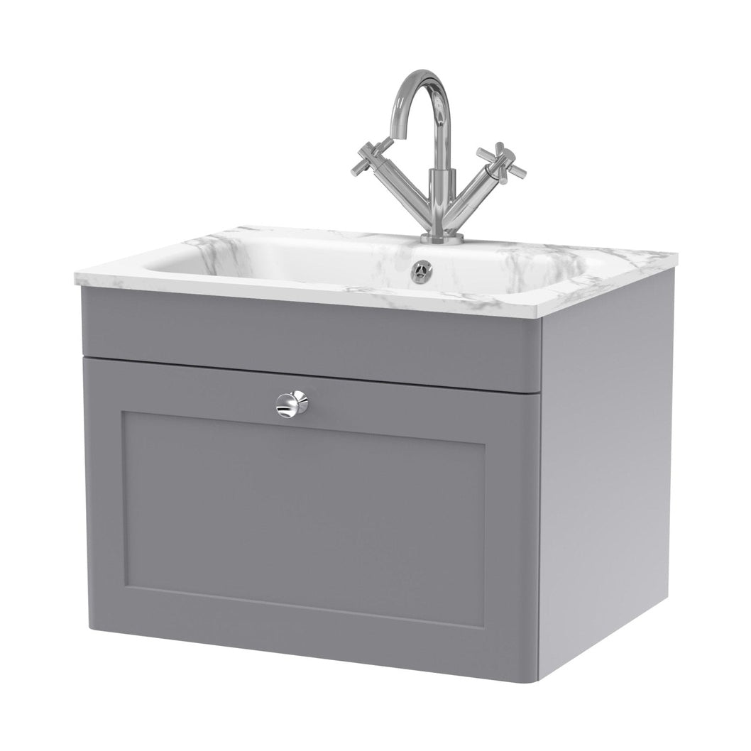 Nuie Classique 600mm Wall Hung 1-drawer Unit & Stone Basin 1th Traditional Satin Grey MFC Painted Matt,stone 447x610x460mm - CLC294Q - JJ Building Materials