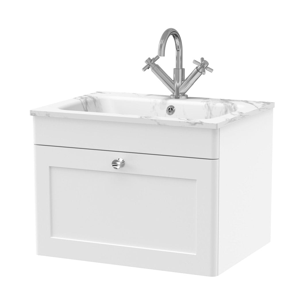 Nuie Classique 600mm Wall Hung 1-drawer Unit & Stone Basin 1th Traditional Satin White MFC Painted Matt,stone 447x610x460mm - CLC194Q - JJ Building Materials