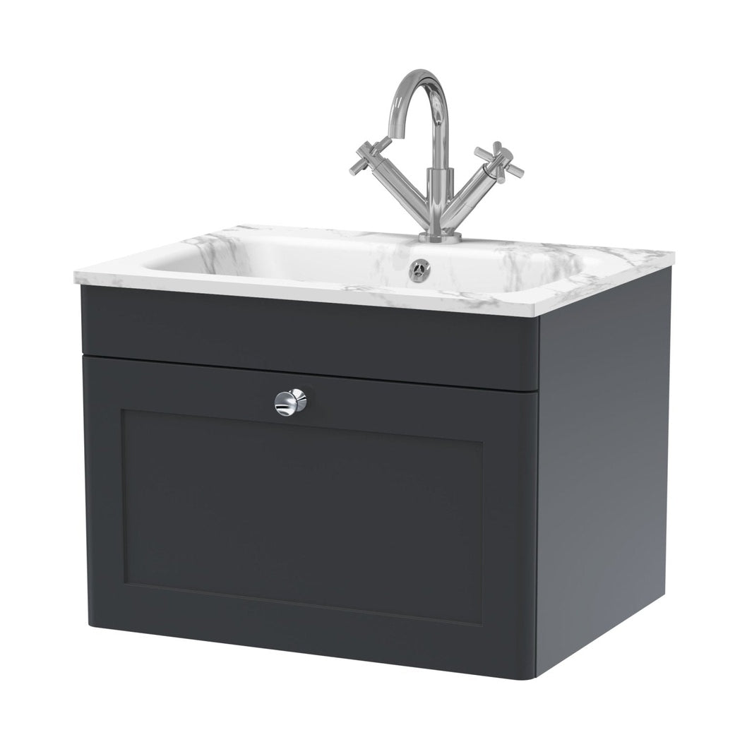 Nuie Classique 600mm Wall Hung 1-drawer Unit & Stone Basin 1th Traditional Soft Black MFC Painted Matt,stone 447x610x460mm - CLC1494Q - JJ Building Materials