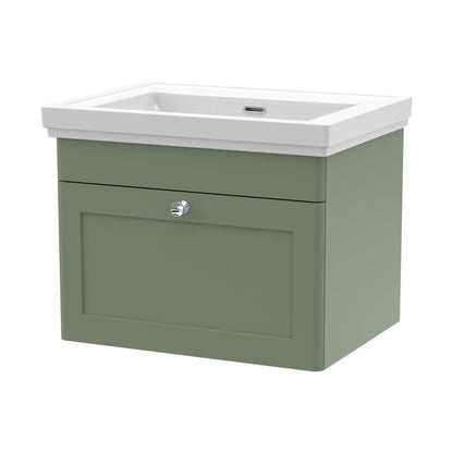 Nuie Classique 600mm Wall Hung 1 Drawer Vanity & Basin 0th Traditional Satin Green MFC Painted Matt 452x630x471mm - JJ Building Materials