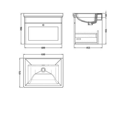 Nuie Classique 600mm Wall Hung 1 Drawer Vanity & Basin 0th Traditional Satin Grey MFC Painted Matt 452x630x471mm - JJ Building Materials