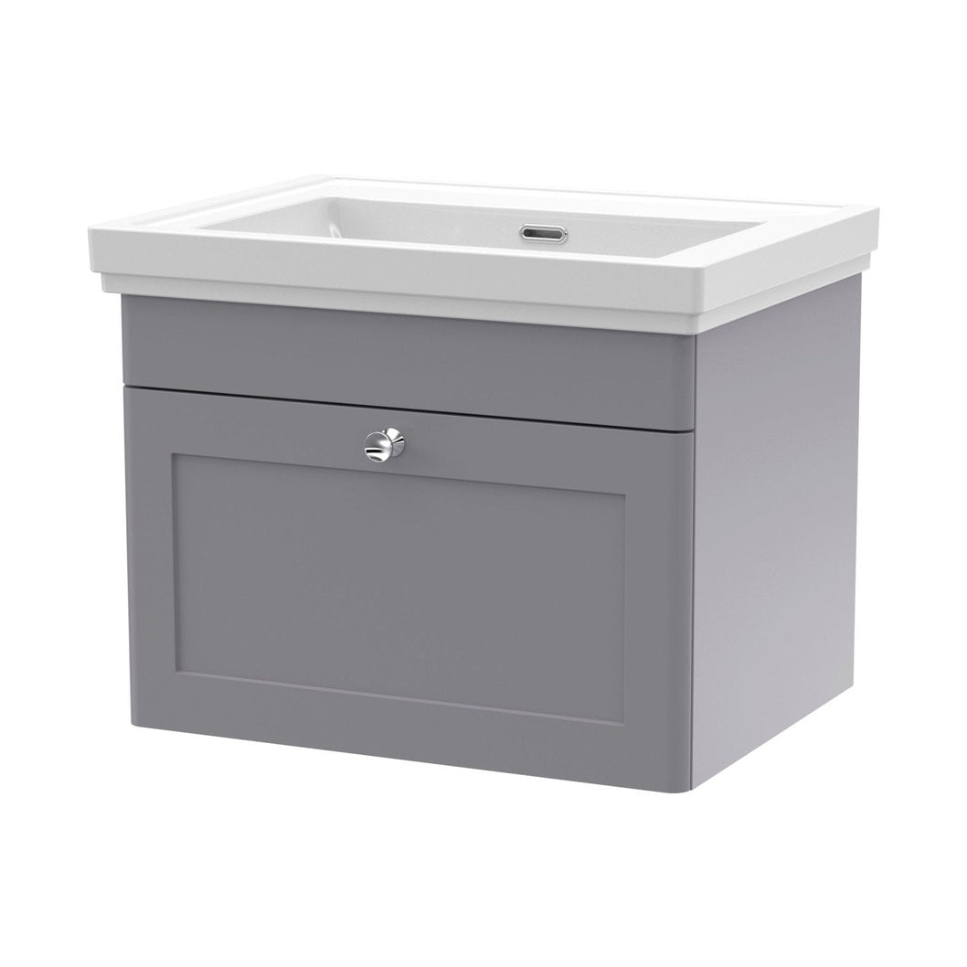 Nuie Classique 600mm Wall Hung 1 Drawer Vanity & Basin 0th Traditional Satin Grey MFC Painted Matt 452x630x471mm - JJ Building Materials