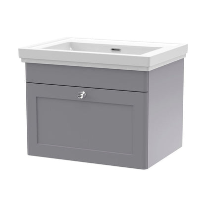 Nuie Classique 600mm Wall Hung 1 Drawer Vanity & Basin 0th Traditional Satin Grey MFC Painted Matt 452x630x471mm - JJ Building Materials