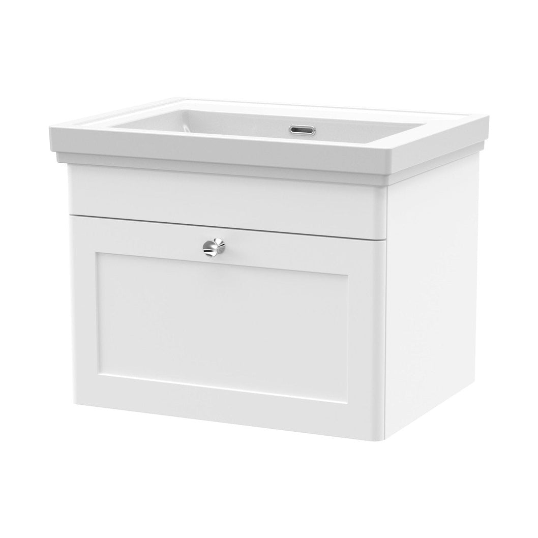 Nuie Classique 600mm Wall Hung 1 Drawer Vanity & Basin 0th Traditional Satin White MFC Painted Matt 452x630x471mm - JJ Building Materials