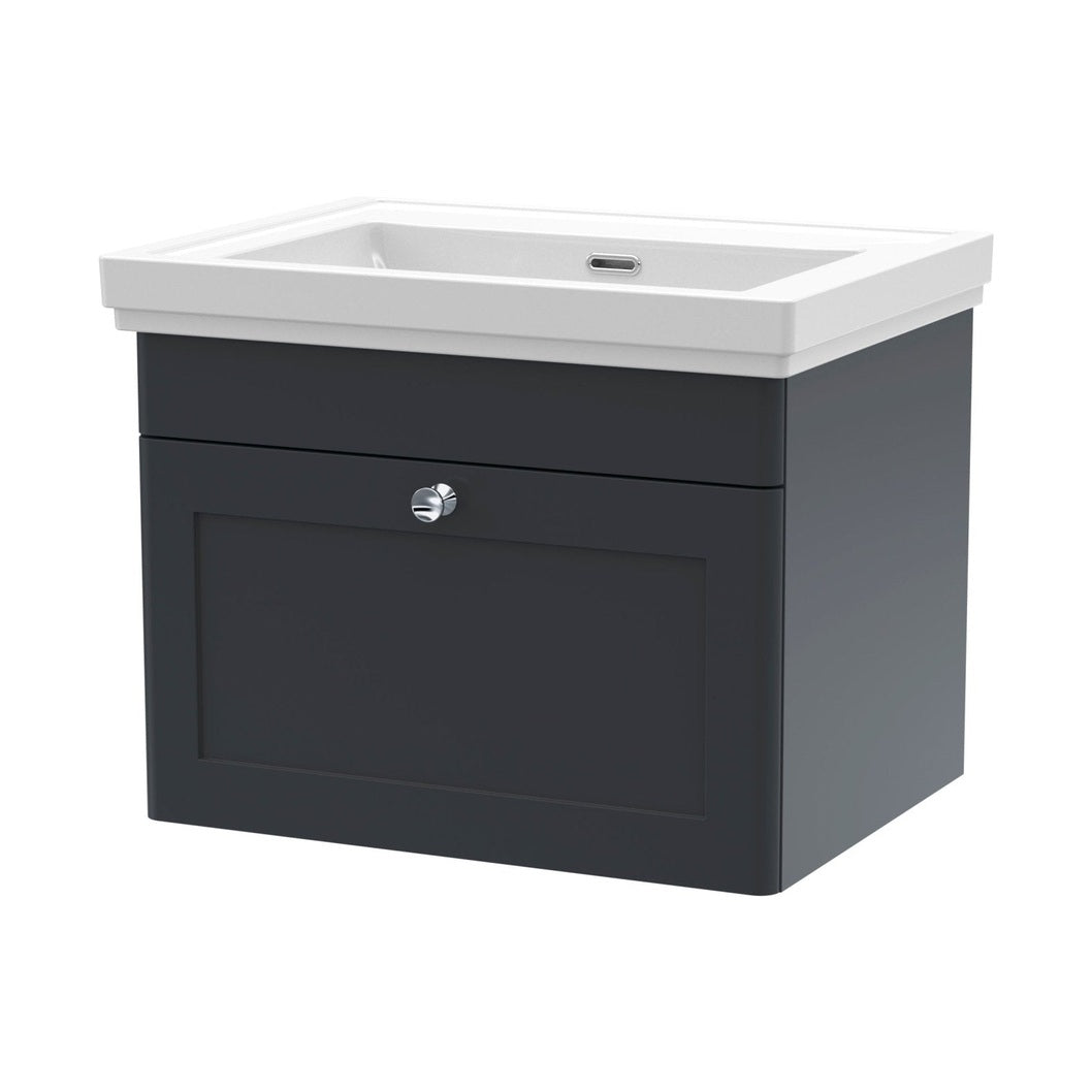 Nuie Classique 600mm Wall Hung 1 Drawer Vanity & Basin 0th Traditional Soft Black MFC Painted Matt 452x630x471mm - JJ Building Materials